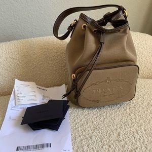 Prada Logo Jacquard Canvas and leather trim bucket bag NWT
